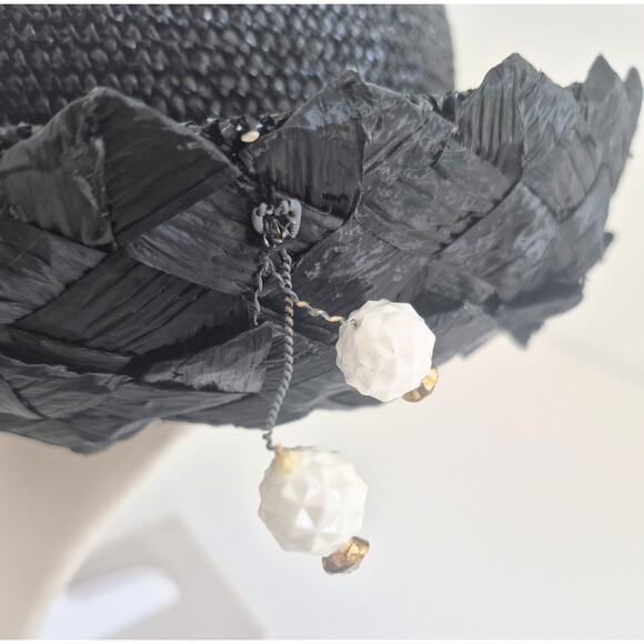Vintage Junior B Pillbox Hat 1960\'s Black Straw Made in USA Woven Brim main image 6